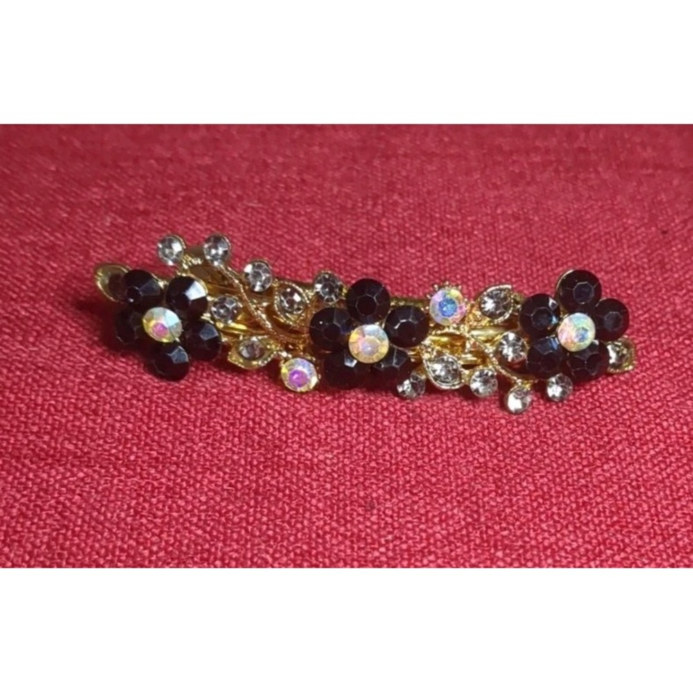 Rhinestone Flower Barrette Hair‎ Clip Gold Tone Sparkly Vintage Style 2.5"